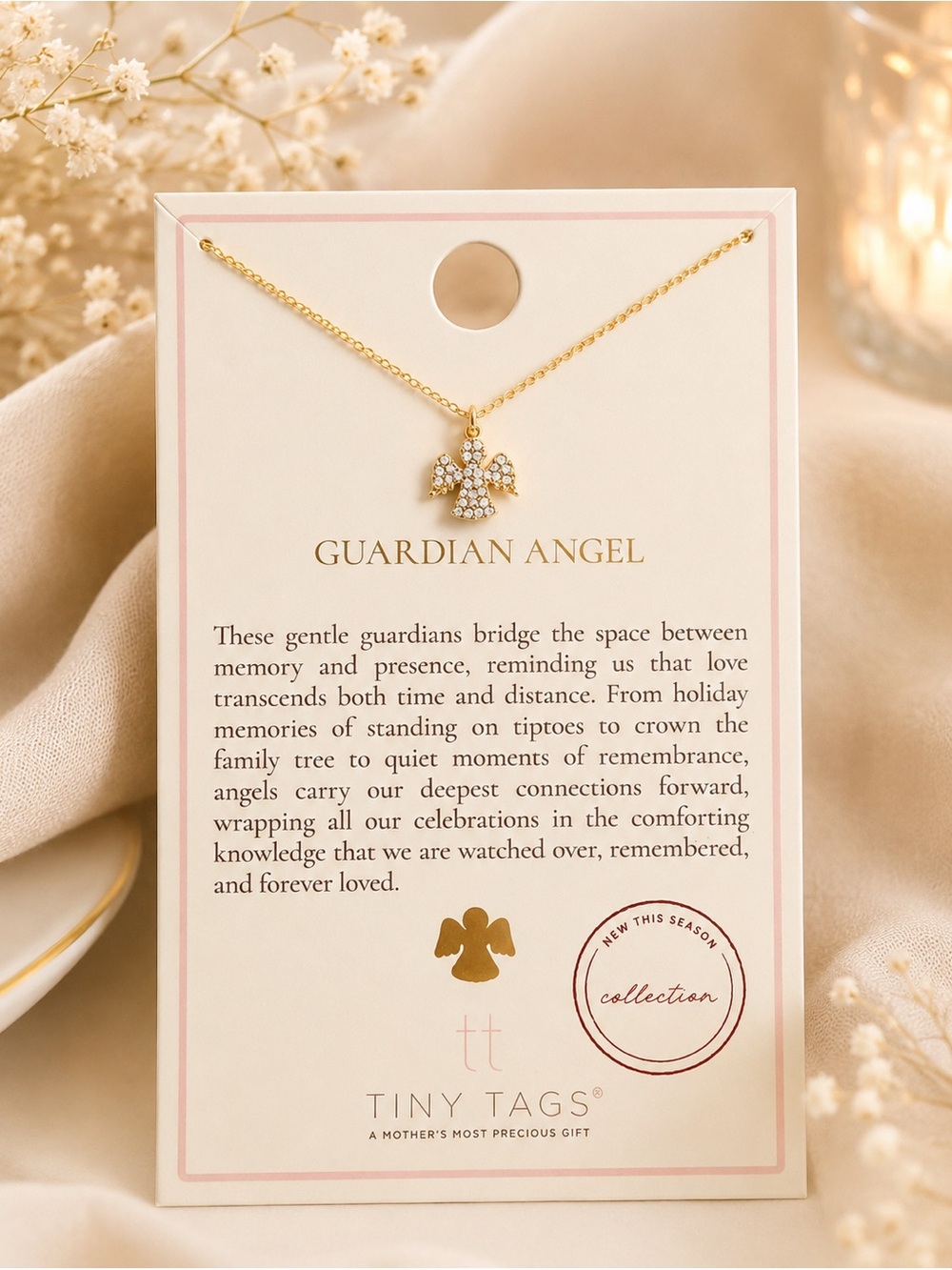 Tiny Tags- Guardian Angel Necklace - 14k Gold Ion Plated Pendant - 16” + 2” NEW